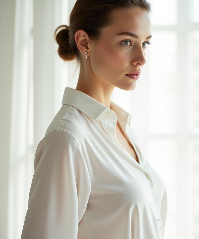 Eine Frau in einer zeitlosen weißen Seidenbluse